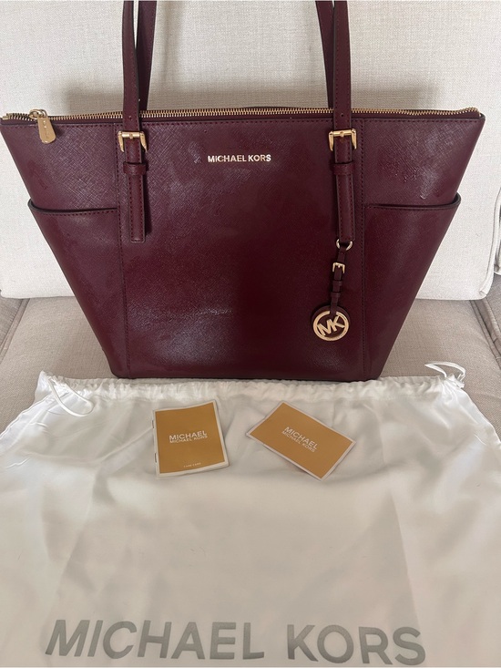 Michael Kors Handbags - Michael Kors Jet Set Large Saffiano Leather Top Zip Tote Oxblood Burgundy
